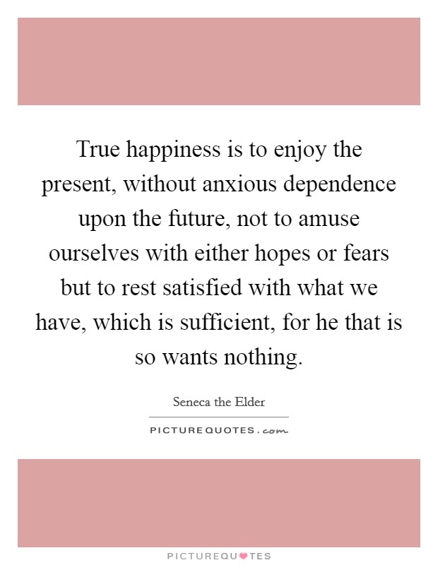 True happiness is to enjoy the present, without anxious dependence upon the future, not to amuse ourselves with either hopes or fears but to rest satisfied with what we have, which is sufficient, for he that is so wants nothing Picture Quote #1