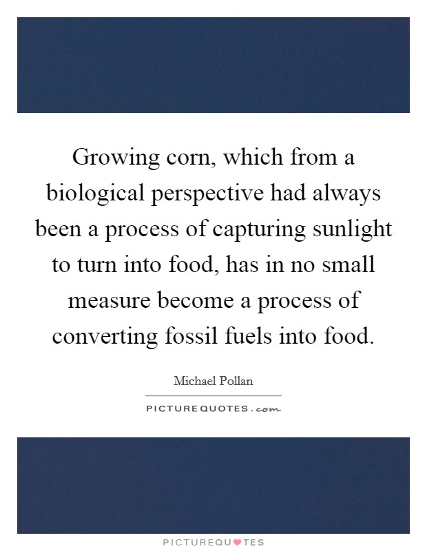 Growing corn, which from a biological perspective had always been a process of capturing sunlight to turn into food, has in no small measure become a process of converting fossil fuels into food Picture Quote #1