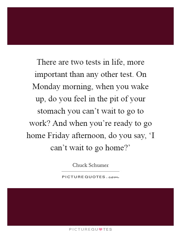 There are two tests in life, more important than any other test. On Monday morning, when you wake up, do you feel in the pit of your stomach you can’t wait to go to work? And when you’re ready to go home Friday afternoon, do you say, ‘I can’t wait to go home?’ Picture Quote #1