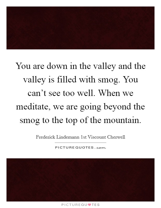 You are down in the valley and the valley is filled with smog. You can’t see too well. When we meditate, we are going beyond the smog to the top of the mountain Picture Quote #1