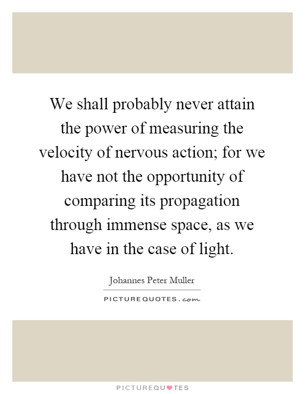 We shall probably never attain the power of measuring the velocity of nervous action; for we have not the opportunity of comparing its propagation through immense space, as we have in the case of light Picture Quote #1