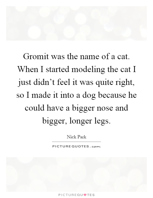 Gromit was the name of a cat. When I started modeling the cat I just didn't feel it was quite right, so I made it into a dog because he could have a bigger nose and bigger, longer legs Picture Quote #1