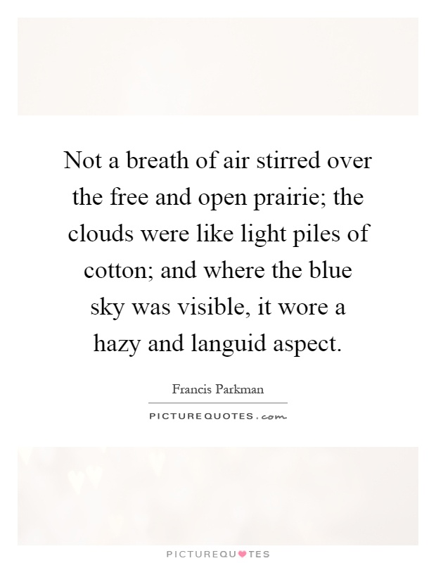 Not a breath of air stirred over the free and open prairie; the clouds were like light piles of cotton; and where the blue sky was visible, it wore a hazy and languid aspect Picture Quote #1