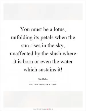 You must be a lotus, unfolding its petals when the sun rises in the sky, unaffected by the slush where it is born or even the water which sustains it! Picture Quote #1