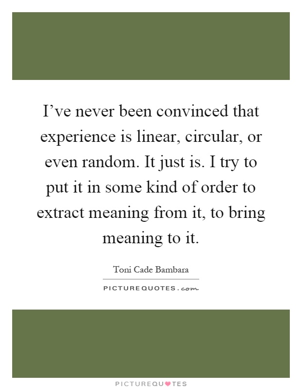 I've never been convinced that experience is linear, circular, or even random. It just is. I try to put it in some kind of order to extract meaning from it, to bring meaning to it Picture Quote #1
