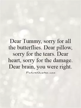 Dear Tummy, sorry for all the butterflies. Dear pillow, sorry for the tears. Dear heart, sorry for the damage. Dear brain, you were right Picture Quote #1