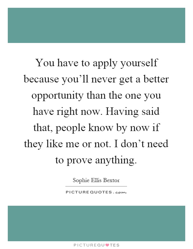 You have to apply yourself because you'll never get a better opportunity than the one you have right now. Having said that, people know by now if they like me or not. I don't need to prove anything Picture Quote #1