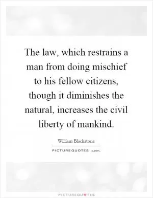 The law, which restrains a man from doing mischief to his fellow citizens, though it diminishes the natural, increases the civil liberty of mankind Picture Quote #1