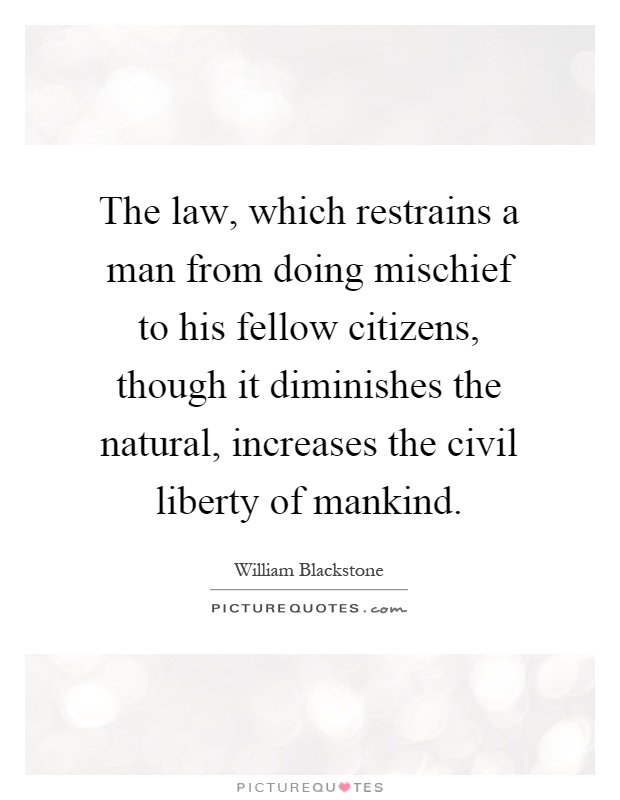 The law, which restrains a man from doing mischief to his fellow citizens, though it diminishes the natural, increases the civil liberty of mankind Picture Quote #1