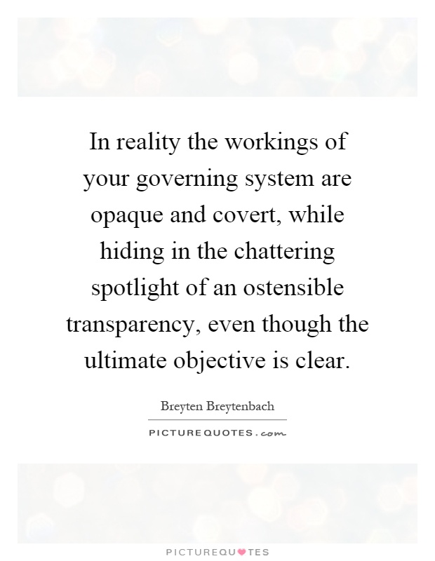 In reality the workings of your governing system are opaque and covert, while hiding in the chattering spotlight of an ostensible transparency, even though the ultimate objective is clear Picture Quote #1