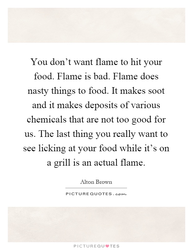 You don't want flame to hit your food. Flame is bad. Flame does nasty things to food. It makes soot and it makes deposits of various chemicals that are not too good for us. The last thing you really want to see licking at your food while it's on a grill is an actual flame Picture Quote #1