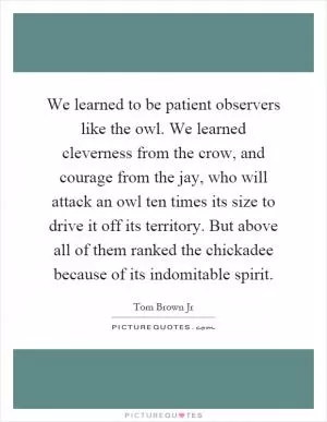 We learned to be patient observers like the owl. We learned cleverness from the crow, and courage from the jay, who will attack an owl ten times its size to drive it off its territory. But above all of them ranked the chickadee because of its indomitable spirit Picture Quote #1