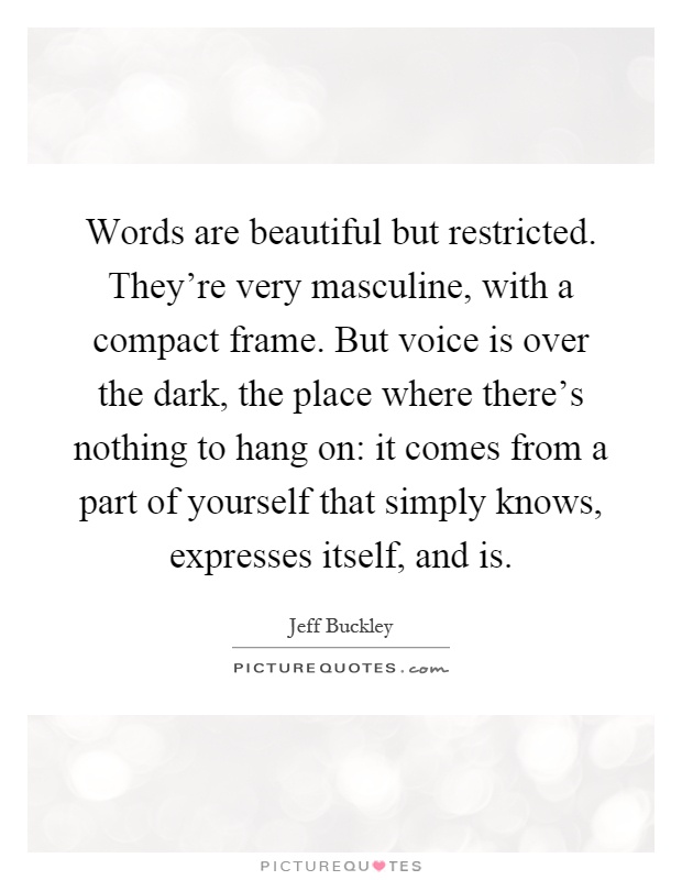 Words are beautiful but restricted. They're very masculine, with a compact frame. But voice is over the dark, the place where there's nothing to hang on: it comes from a part of yourself that simply knows, expresses itself, and is Picture Quote #1