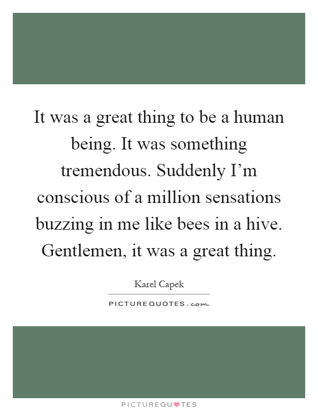 It was a great thing to be a human being. It was something tremendous. Suddenly I'm conscious of a million sensations buzzing in me like bees in a hive. Gentlemen, it was a great thing Picture Quote #1
