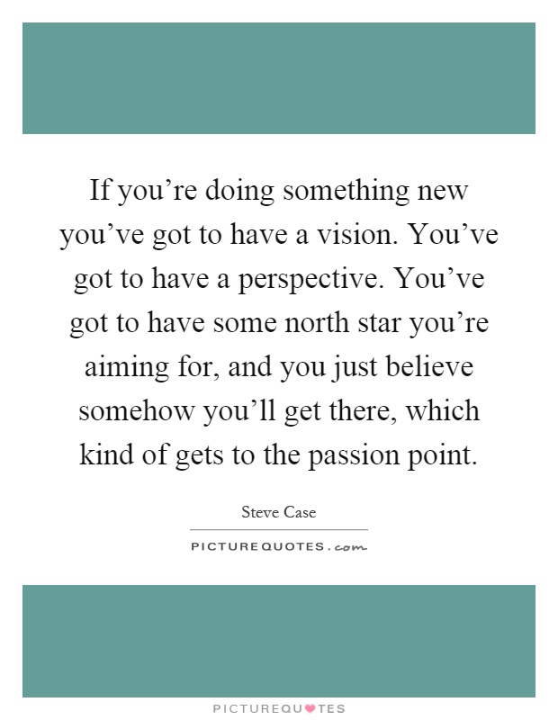 If you're doing something new you've got to have a vision. You've got to have a perspective. You've got to have some north star you're aiming for, and you just believe somehow you'll get there, which kind of gets to the passion point Picture Quote #1