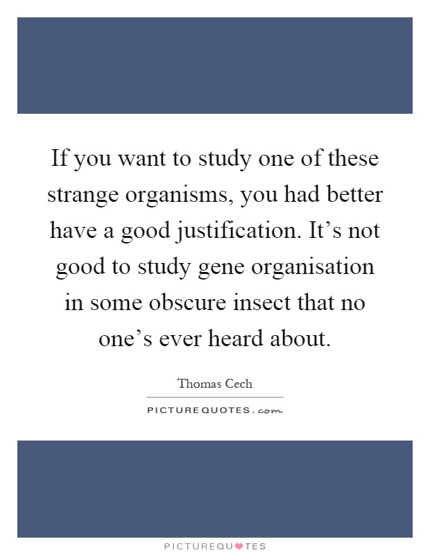 If you want to study one of these strange organisms, you had better have a good justification. It's not good to study gene organisation in some obscure insect that no one's ever heard about Picture Quote #1