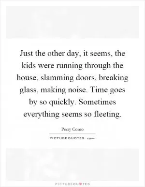 Just the other day, it seems, the kids were running through the house, slamming doors, breaking glass, making noise. Time goes by so quickly. Sometimes everything seems so fleeting Picture Quote #1
