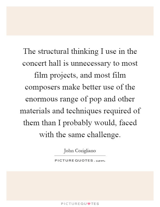 The structural thinking I use in the concert hall is unnecessary to most film projects, and most film composers make better use of the enormous range of pop and other materials and techniques required of them than I probably would, faced with the same challenge Picture Quote #1