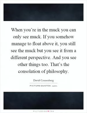 When you’re in the muck you can only see muck. If you somehow manage to float above it, you still see the muck but you see it from a different perspective. And you see other things too. That’s the consolation of philosophy Picture Quote #1