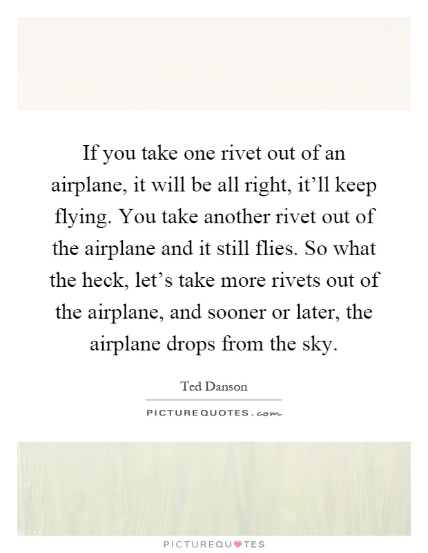 If you take one rivet out of an airplane, it will be all right, it'll keep flying. You take another rivet out of the airplane and it still flies. So what the heck, let's take more rivets out of the airplane, and sooner or later, the airplane drops from the sky Picture Quote #1