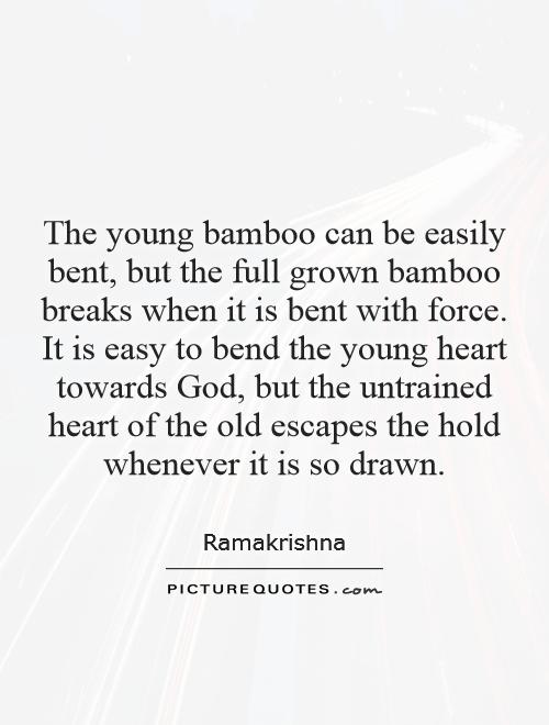 The young bamboo can be easily bent, but the full grown bamboo breaks when it is bent with force. It is easy to bend the young heart towards God, but the untrained heart of the old escapes the hold whenever it is so drawn Picture Quote #1