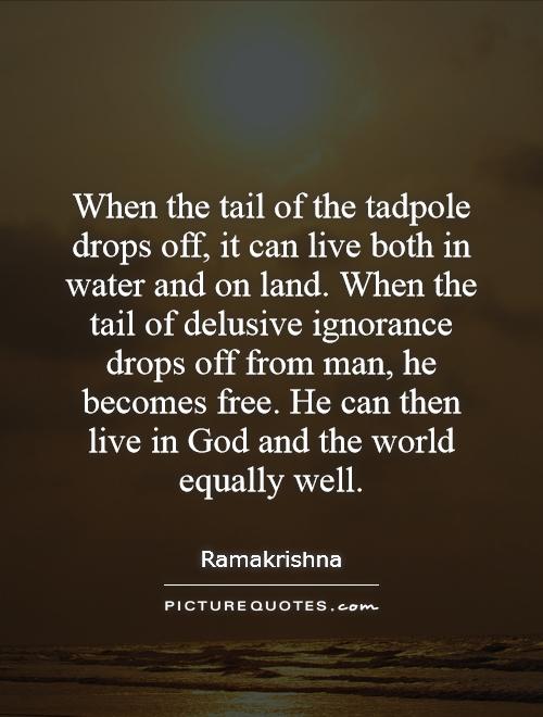 When the tail of the tadpole drops off, it can live both in water and on land. When the tail of delusive ignorance drops off from man, he becomes free. He can then live in God and the world equally well Picture Quote #1
