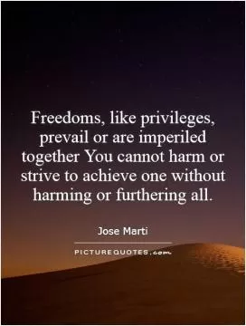 Freedoms, like privileges, prevail or are imperiled together You cannot harm or strive to achieve one without harming or furthering all Picture Quote #1