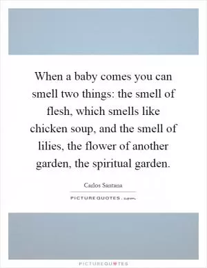 When a baby comes you can smell two things: the smell of flesh, which smells like chicken soup, and the smell of lilies, the flower of another garden, the spiritual garden Picture Quote #1