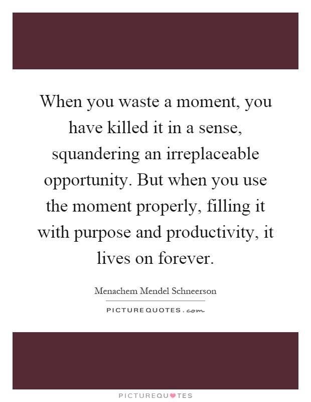 When you waste a moment, you have killed it in a sense, squandering an irreplaceable opportunity. But when you use the moment properly, filling it with purpose and productivity, it lives on forever Picture Quote #1