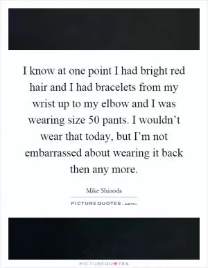 I know at one point I had bright red hair and I had bracelets from my wrist up to my elbow and I was wearing size 50 pants. I wouldn’t wear that today, but I’m not embarrassed about wearing it back then any more Picture Quote #1