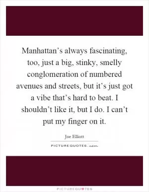 Manhattan’s always fascinating, too, just a big, stinky, smelly conglomeration of numbered avenues and streets, but it’s just got a vibe that’s hard to beat. I shouldn’t like it, but I do. I can’t put my finger on it Picture Quote #1