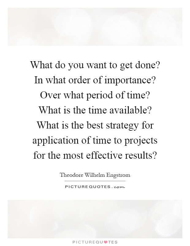 What do you want to get done? In what order of importance? Over what period of time? What is the time available? What is the best strategy for application of time to projects for the most effective results? Picture Quote #1