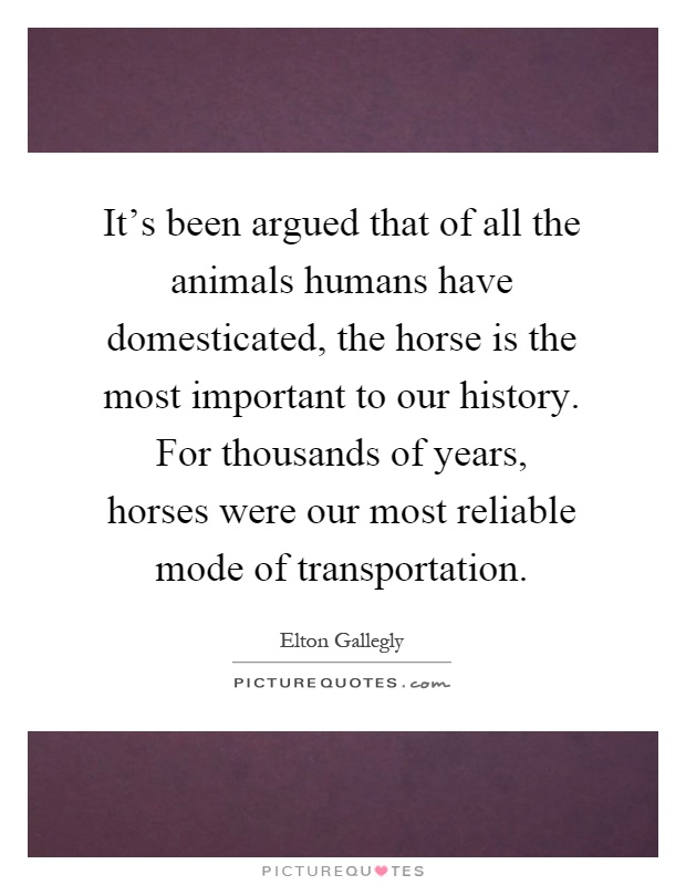 It's been argued that of all the animals humans have domesticated, the horse is the most important to our history. For thousands of years, horses were our most reliable mode of transportation Picture Quote #1