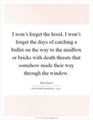 I won’t forget the hood. I won’t forget the days of catching a bullet on the way to the mailbox or bricks with death threats that somehow made their way through the window Picture Quote #1