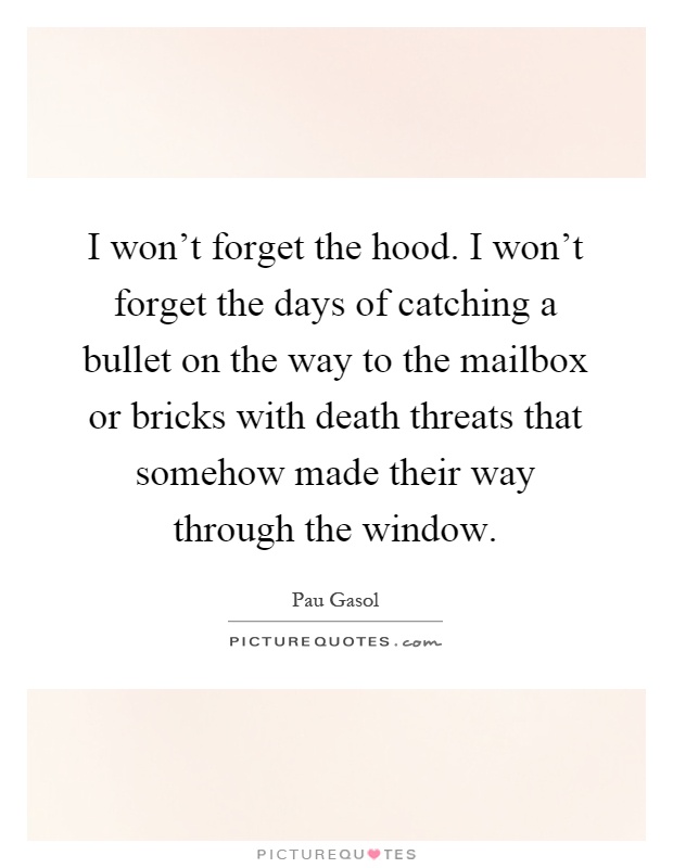 I won't forget the hood. I won't forget the days of catching a bullet on the way to the mailbox or bricks with death threats that somehow made their way through the window Picture Quote #1