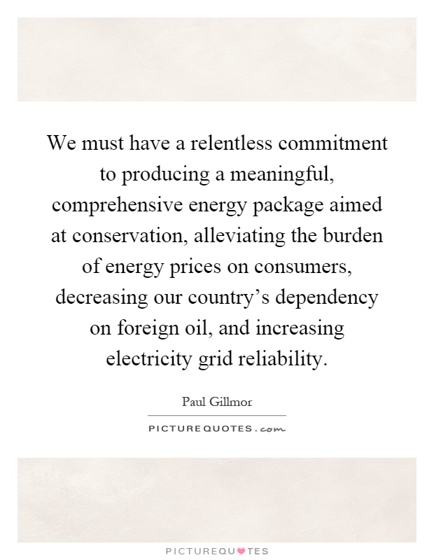 We must have a relentless commitment to producing a meaningful, comprehensive energy package aimed at conservation, alleviating the burden of energy prices on consumers, decreasing our country's dependency on foreign oil, and increasing electricity grid reliability Picture Quote #1