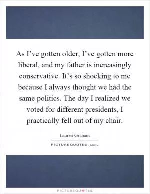 As I’ve gotten older, I’ve gotten more liberal, and my father is increasingly conservative. It’s so shocking to me because I always thought we had the same politics. The day I realized we voted for different presidents, I practically fell out of my chair Picture Quote #1