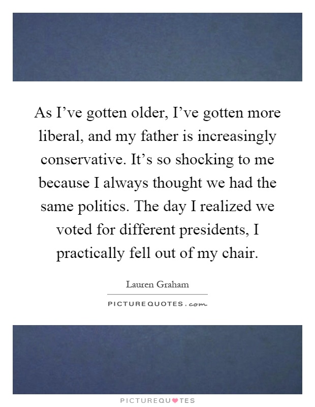 As I've gotten older, I've gotten more liberal, and my father is increasingly conservative. It's so shocking to me because I always thought we had the same politics. The day I realized we voted for different presidents, I practically fell out of my chair Picture Quote #1