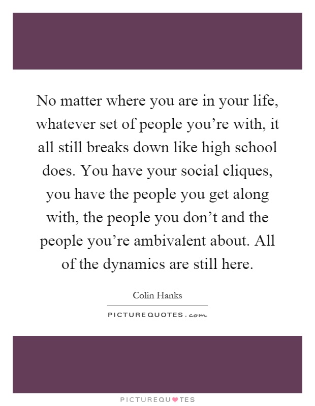 No matter where you are in your life, whatever set of people you're with, it all still breaks down like high school does. You have your social cliques, you have the people you get along with, the people you don't and the people you're ambivalent about. All of the dynamics are still here Picture Quote #1