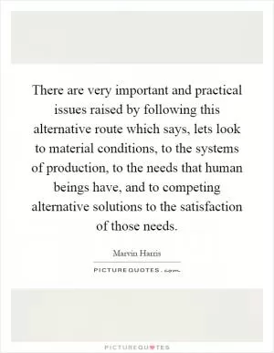 There are very important and practical issues raised by following this alternative route which says, lets look to material conditions, to the systems of production, to the needs that human beings have, and to competing alternative solutions to the satisfaction of those needs Picture Quote #1