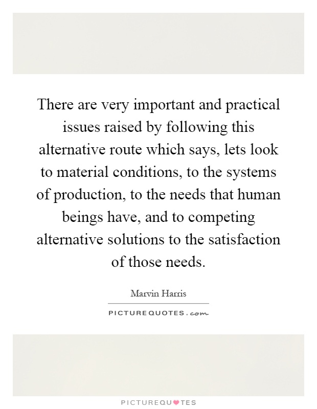 There are very important and practical issues raised by following this alternative route which says, lets look to material conditions, to the systems of production, to the needs that human beings have, and to competing alternative solutions to the satisfaction of those needs Picture Quote #1