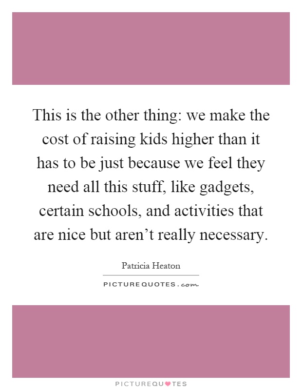 This is the other thing: we make the cost of raising kids higher than it has to be just because we feel they need all this stuff, like gadgets, certain schools, and activities that are nice but aren't really necessary Picture Quote #1