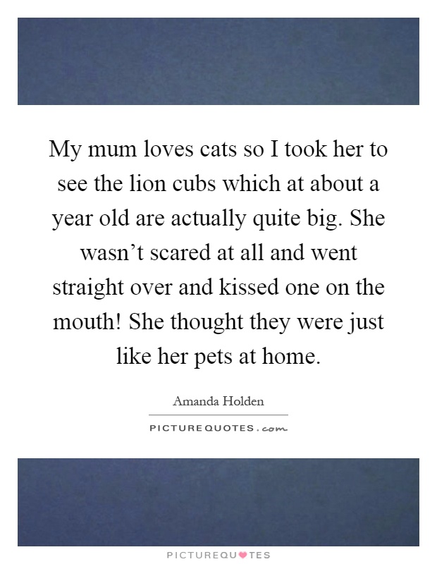 My mum loves cats so I took her to see the lion cubs which at about a year old are actually quite big. She wasn't scared at all and went straight over and kissed one on the mouth! She thought they were just like her pets at home Picture Quote #1