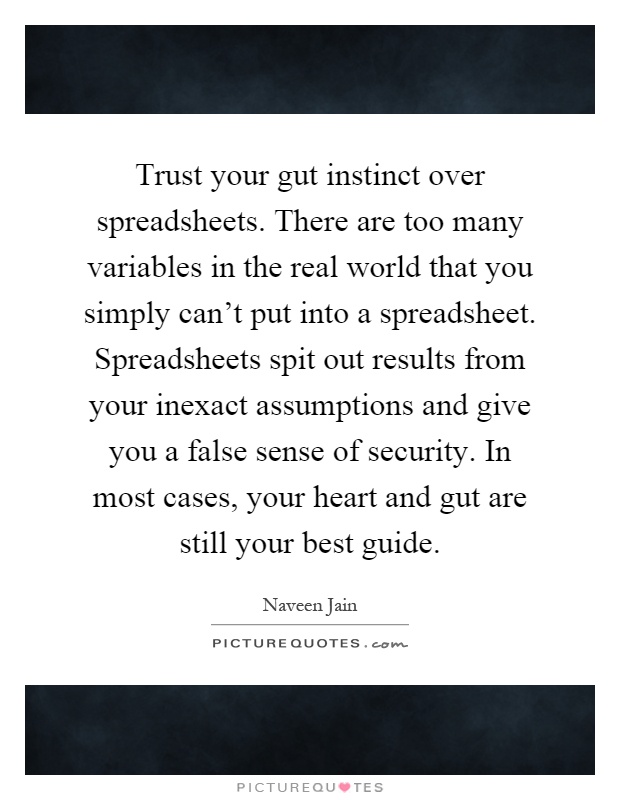 Trust your gut instinct over spreadsheets. There are too many variables in the real world that you simply can't put into a spreadsheet. Spreadsheets spit out results from your inexact assumptions and give you a false sense of security. In most cases, your heart and gut are still your best guide Picture Quote #1