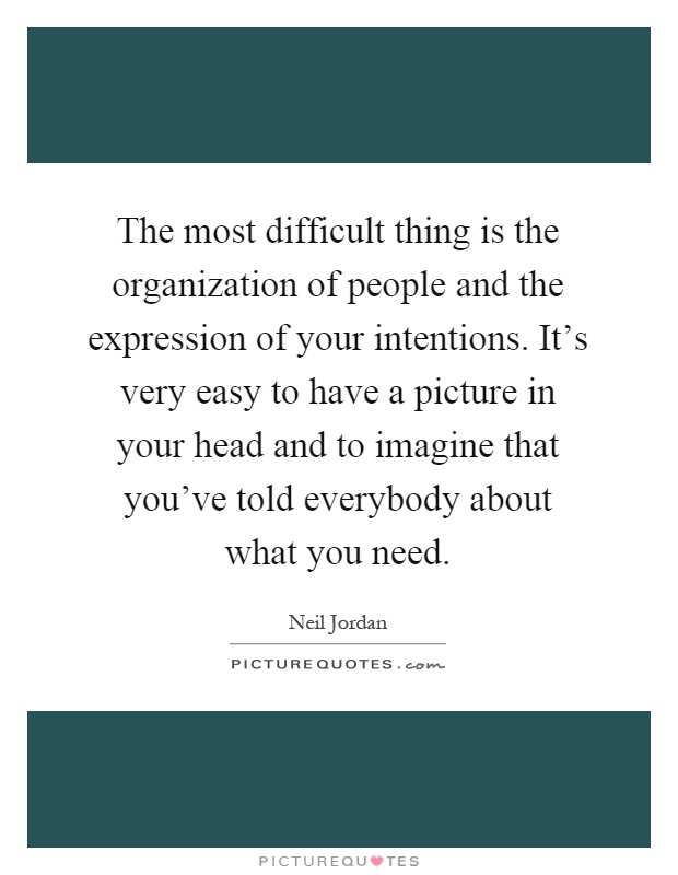 The most difficult thing is the organization of people and the expression of your intentions. It's very easy to have a picture in your head and to imagine that you've told everybody about what you need Picture Quote #1