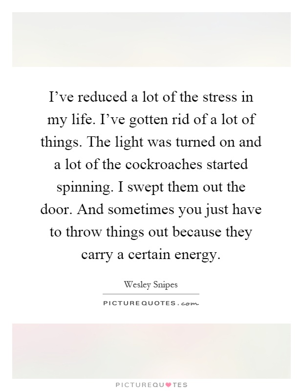 I've reduced a lot of the stress in my life. I've gotten rid of a lot of things. The light was turned on and a lot of the cockroaches started spinning. I swept them out the door. And sometimes you just have to throw things out because they carry a certain energy Picture Quote #1