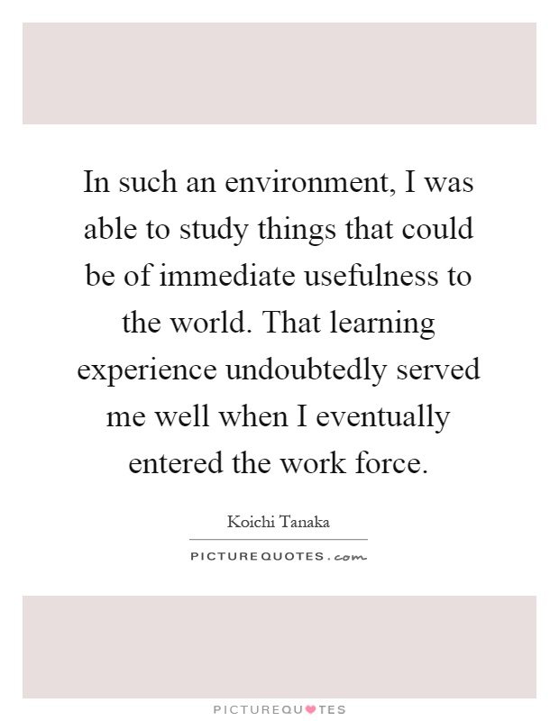 In such an environment, I was able to study things that could be of immediate usefulness to the world. That learning experience undoubtedly served me well when I eventually entered the work force Picture Quote #1