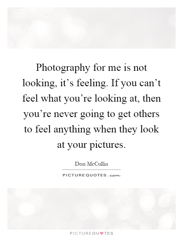 Photography for me is not looking, it's feeling. If you can't feel what you're looking at, then you're never going to get others to feel anything when they look at your pictures Picture Quote #1