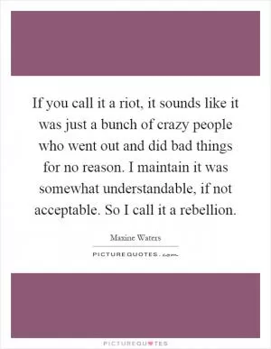 If you call it a riot, it sounds like it was just a bunch of crazy people who went out and did bad things for no reason. I maintain it was somewhat understandable, if not acceptable. So I call it a rebellion Picture Quote #1