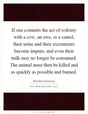 If one commits the act of sodomy with a cow, an ewe, or a camel, their urine and their excrements become impure, and even their milk may no longer be consumed. The animal must then be killed and as quickly as possible and burned Picture Quote #1